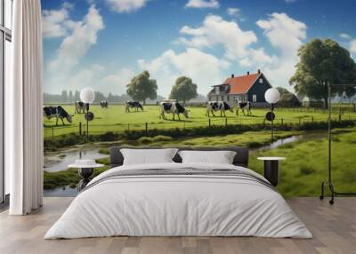 A traditional Dutch dairy farm with cows grazing in lush green pastures, copy space Wall mural