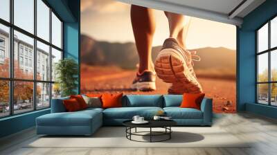 Athlete running sport feet on trail healthy lifestyle fitness. Wall mural