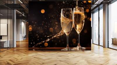 Champagne glasses toasting holidays party sparky particles, photo shot Wall mural