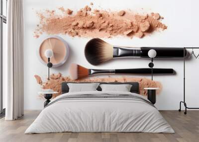 Foundations with make-up brush and powder on white background. Wall mural