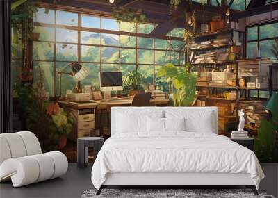 Photos of work space with plant house in the anime style. Wall mural