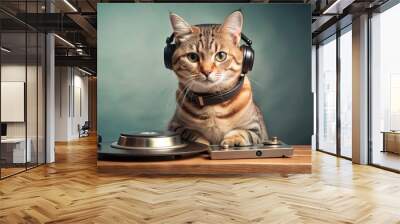 A cute cat with DJ headphones, mixing music on a turntable, cat, DJ, headphones, music, turntable, mixing, cute, pet Wall mural