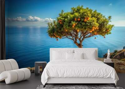 An orange tree standing on a cliff overlooking the sea , orange tree, fruit, ocean, beach, coast, citrus, vibrant Wall mural