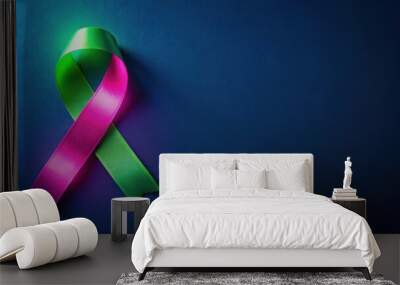 Dark blue background with a bright pink and green glowing ribbon , ribbon, glowing, vibrant, abstract, colorful Wall mural