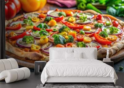 Freshly baked vegetable pizza with colorful toppings on a crispy crust, vegetarian, healthy, delicious Wall mural