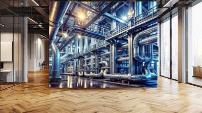 Futuristic industrial complex with gleaming pipes and cylinders, futuristic, industrial, complex, vibrant, pipes Wall mural