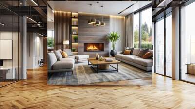 Modern living room featuring a cozy fireplace with a sleek design and tasteful decor, modern, living room, fireplace, cozy Wall mural