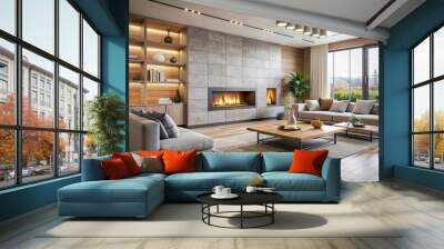 Modern living room featuring a sleek fireplace with a cozy ambiance, modern, living room, fireplace, sleek Wall mural