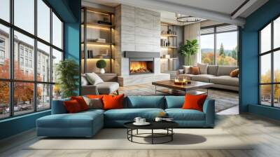 Modern living room with a cozy fireplace , living room, modern, fireplace, home, interior, design, decor, stylish Wall mural