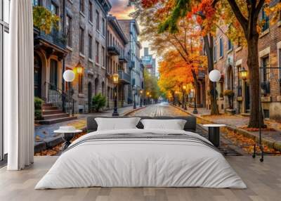 Old cobblestone streets of Montreal in fall season , Old Montreal, autumn, Quebec, Canada, historic Wall mural