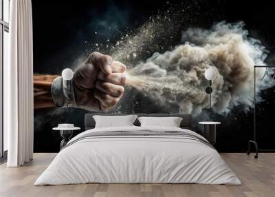 Powerful punch sending dust cloud flying, force, impact, power, explosion, debris, motion, action, movement, strength Wall mural