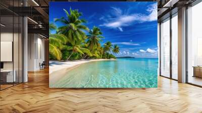 Sandy beach with crystal clear blue water and palm trees in the background, beach, sand, tropical, ocean, paradise, vacation Wall mural