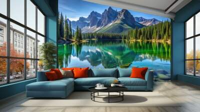 Serene mountain lake with crystal-clear water, surrounded by pine trees and rugged peaks reflecting on the surface Wall mural