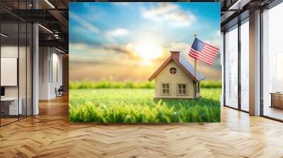 USA flag on miniature toy house on green lawn with patriotic sky background, USA, flag, miniature house Wall mural