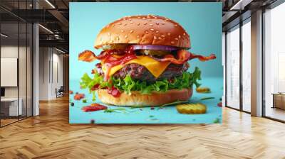 A cheese burger with bacon, salad, relish and gherkins against a blue background  Wall mural