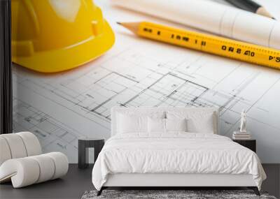 Blueprint floor plan architectural project on the table with yellow helmet and pencil Wall mural