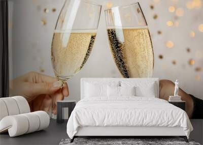 Celebration. Glasses of champagne and wine in hands Wall mural