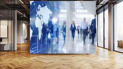 Fast movement and blurred business people in A bustling corporate lobby with business professionals networking, exchanging ideas beside a digital interactive wall displaying real-time market analytics Wall mural