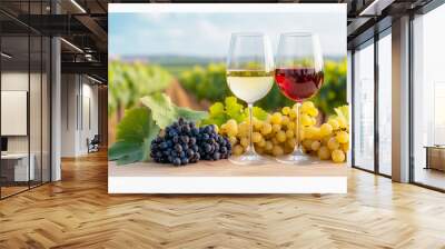 glasses of red and white wine and ripe grapes on table in vineyard Wall mural