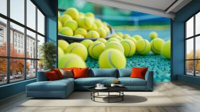 Tennis balls and racket on colorful course Wall mural