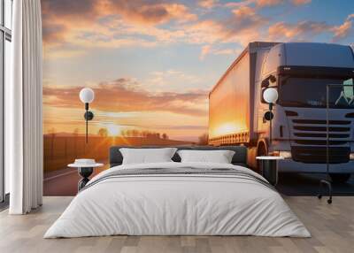 Truck and highway at sunset - transportation background  Wall mural