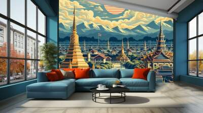 A stylized illustration of a traditional Asian cityscape with pagodas and temples under a setting sun, with mountains in the background. Wall mural