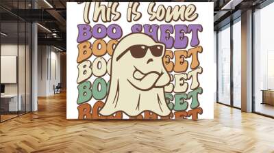 This is Some Boo Sheet design with halloween ghost and retro groovy wavy text, for halloween celebrating.	
 Wall mural