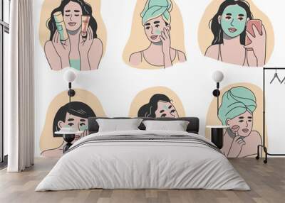 Six female characters doing skincare rituals. Set of women applying various skincare products to their faces. Cartoon style collection of hand drawn illustrations Wall mural