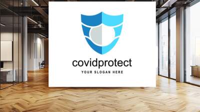 Logo Design. Shield with mask vector logo template. This logo suitable for preventive from virus. Vector Wall mural