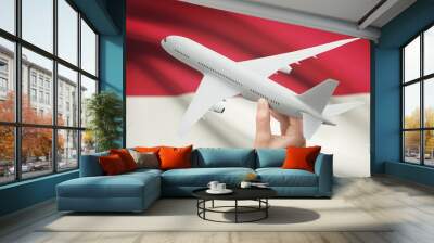 Airplane in hand with flag on background - Monaco Wall mural