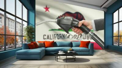 fuel pump nozzle in hand with usa states flags on background - california Wall mural