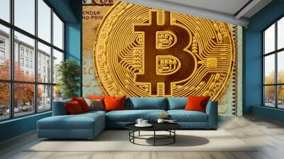 Hundred USA dollars with golden bitcoin over it Wall mural