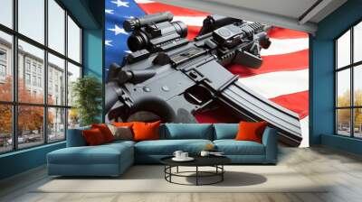 ruffled national cotton flag with machine gun over it series - united states Wall mural