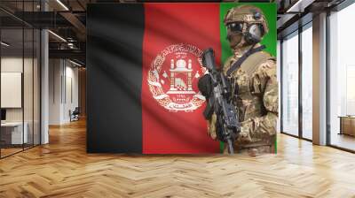 Soldier in helmet holding machine gun with flag on background series - Afghanistan Wall mural