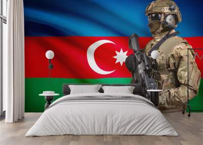 Soldier in helmet holding machine gun with flag on background series - Azerbaijan Wall mural