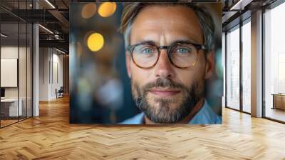 Captivating portrait of a thoughtful man with stylish glasses in a cozy atmosphere Wall mural