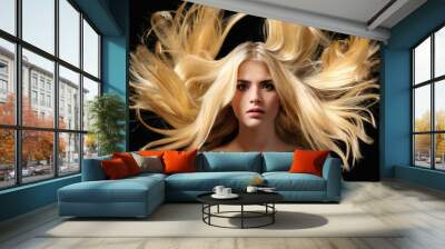 Portrait of beautiful young blonde girl with flying hair Wall mural