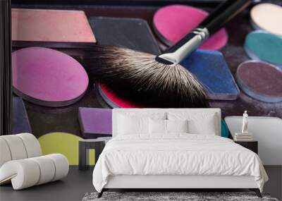 Eye shadow palette in natural colours and makeup brushes Wall mural