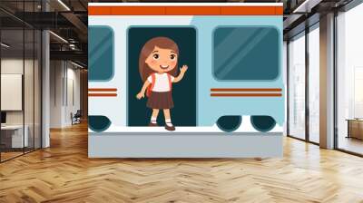 Preteen girl getting off train flat vector illustration. Little passenger standing in railway transport and waving hand. Train arrival, departure. Small kid leaving wagon color cartoon character Wall mural