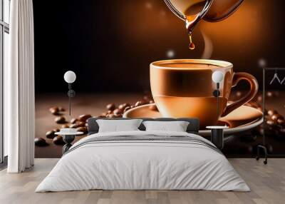 coffee, pour over, liquid, droplet, cafe au lait, bean, cup, saucer, black background, close-up Wall mural