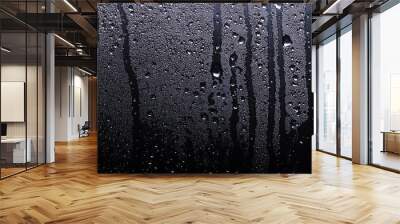 Water drops, glass, dripping, rain, wet, window glass, dew, condensation, flowing, transparent, liquid, black background, close-up Wall mural