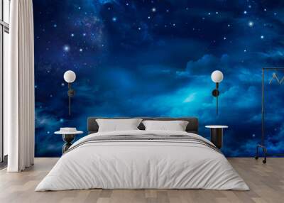 Stars in space or night sky - Fairy night sky with stars and clouds. Wall mural