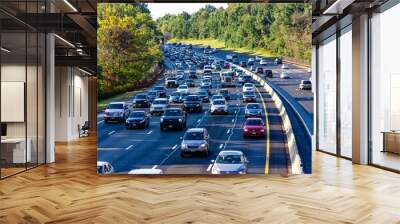 Peak hour traffic on Garden State Parkway photographed from an over bridge at Clark, New Jersey, in the morning, with all the lanes crowded in the direction towards New York City. Wall mural