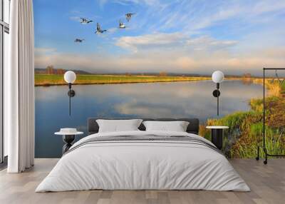 At sunset ducks fly over the lake / At sunset ducks fly over the lake Wall mural