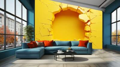 3d abstract hole on a broken yellow wall with blank space Wall mural