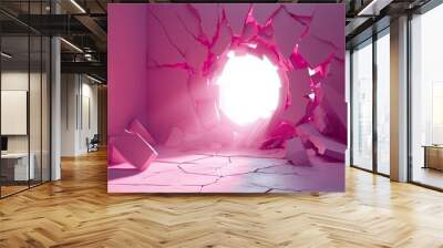 3d light hole on a pink broken wall Wall mural