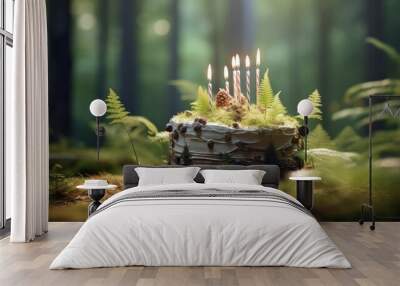 A whimsical birthday cake perched in the middle of the forest Wall mural