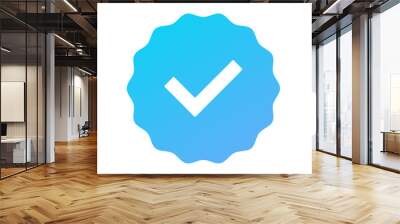 Approved icon. White check mark with blue circle shape. Sparkle Star Sticker label isolated on white background. Blue checkmark in circle for checklist. Vector Wall mural