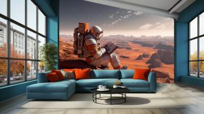 Astronaut reading a book on an alien planet, travel and lifestyle concept of astronauts. Generative ai Wall mural