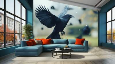 Black crow in flight with blurred background, nature and wildlife photography concept Wall mural